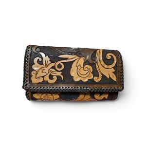 Vintage Hand Tooled Leather Tri-Fold Wallet Floral Western Boho Brown Whipstitch